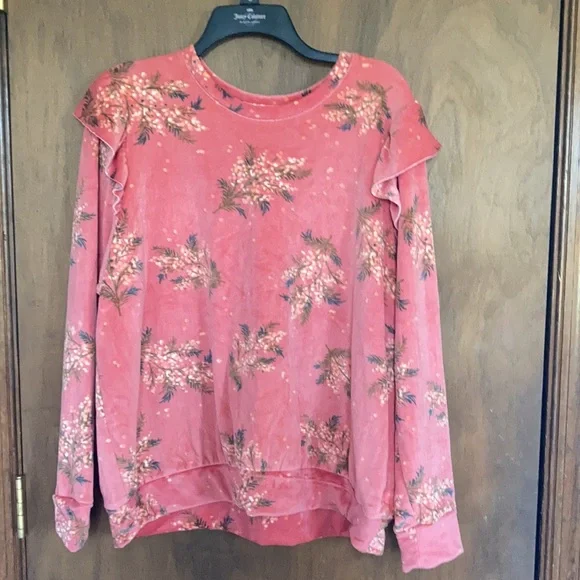 LC Lauren Conrad top floral print velvet w ruffle puff sleeve sweatshirt S M - Picture 4 of 15